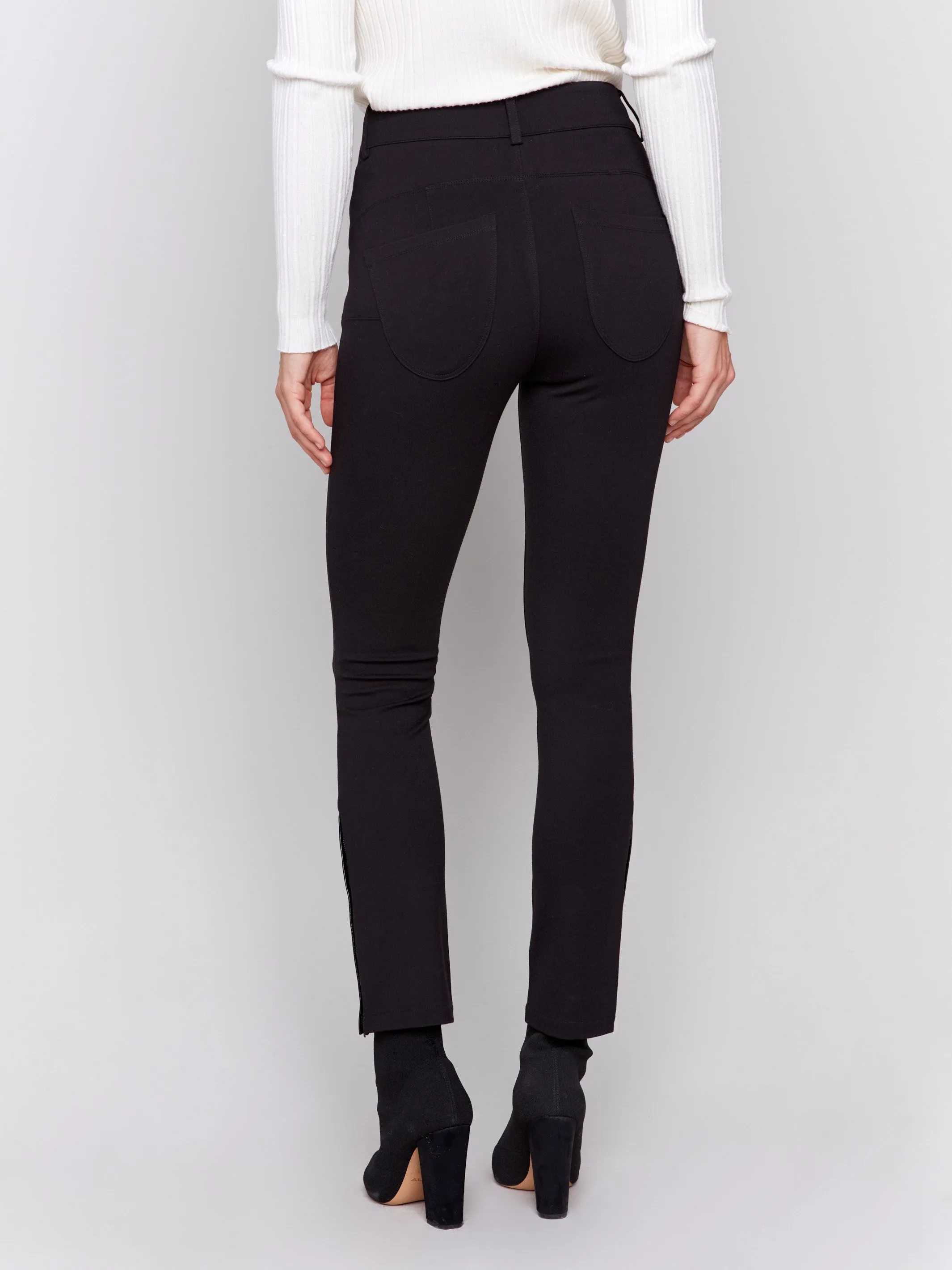 Slim Ponte Pants With Side Vinyl Detail - Black