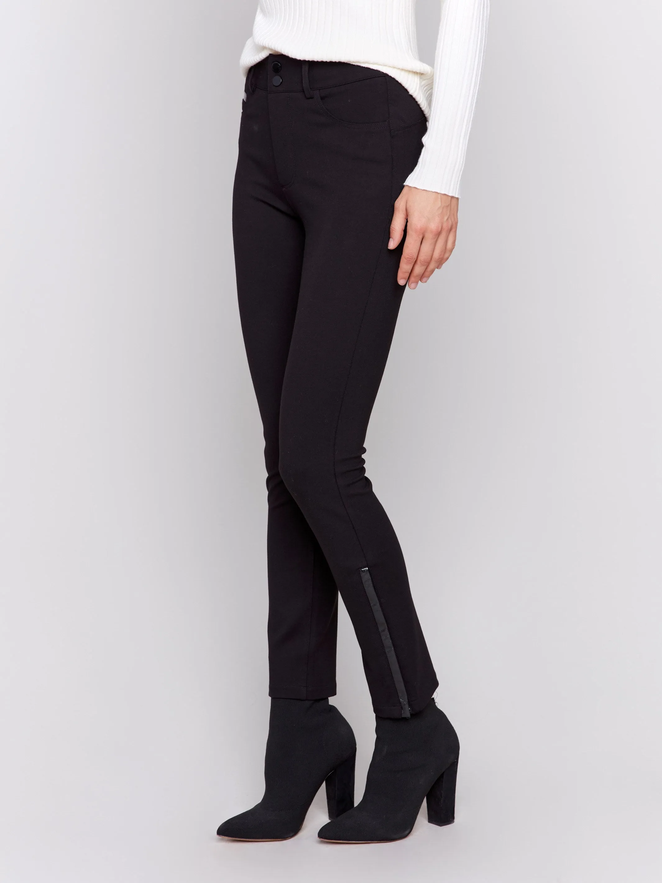 Slim Ponte Pants With Side Vinyl Detail - Black