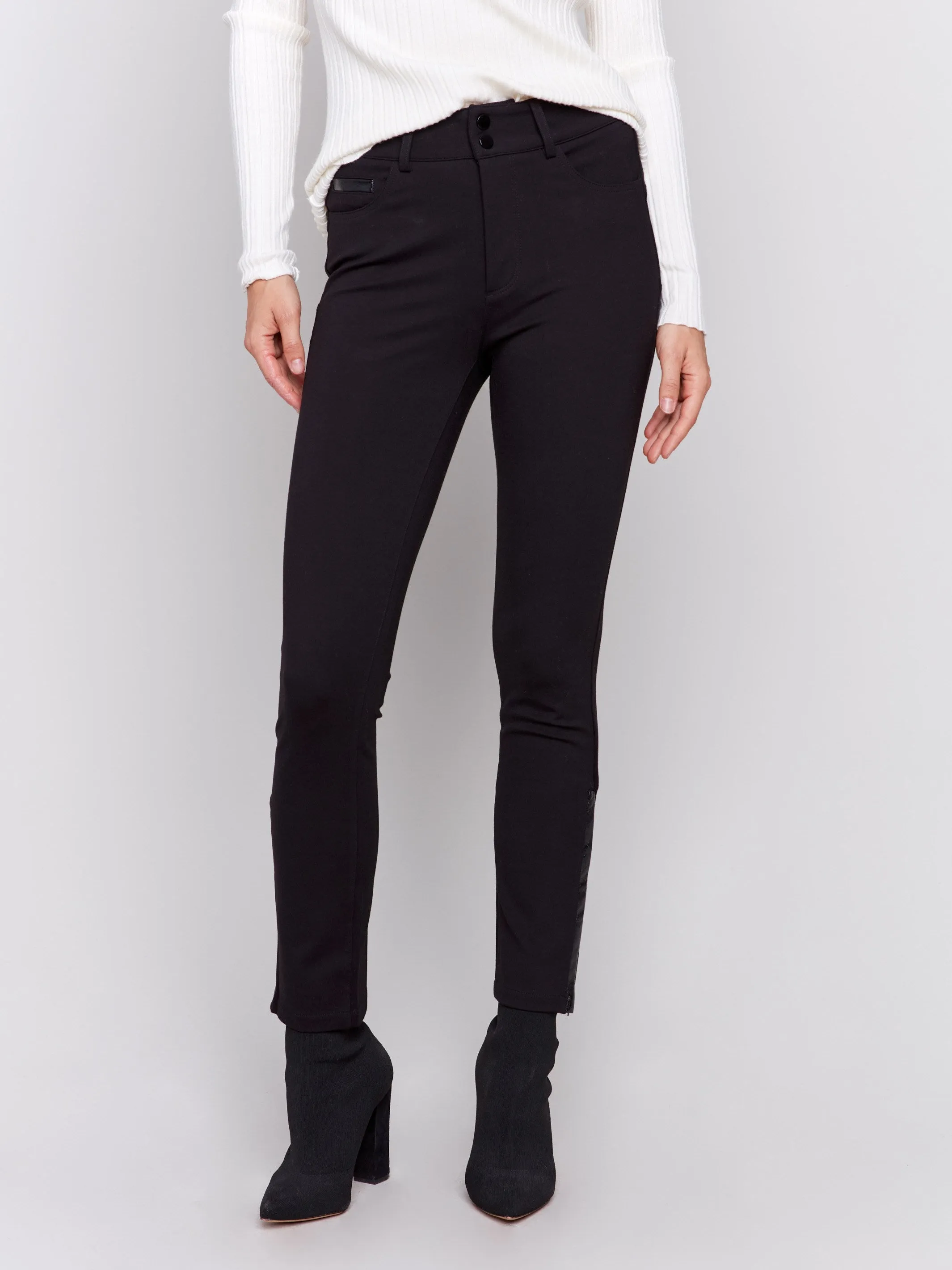 Slim Ponte Pants With Side Vinyl Detail - Black