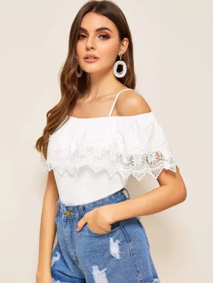 Spaghetti Strap Cold Shoulder Guipure Lace Trim Top