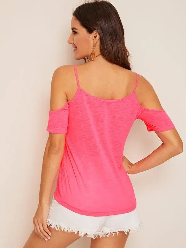 Spaghetti Strap Solid Cold Shoulder Top