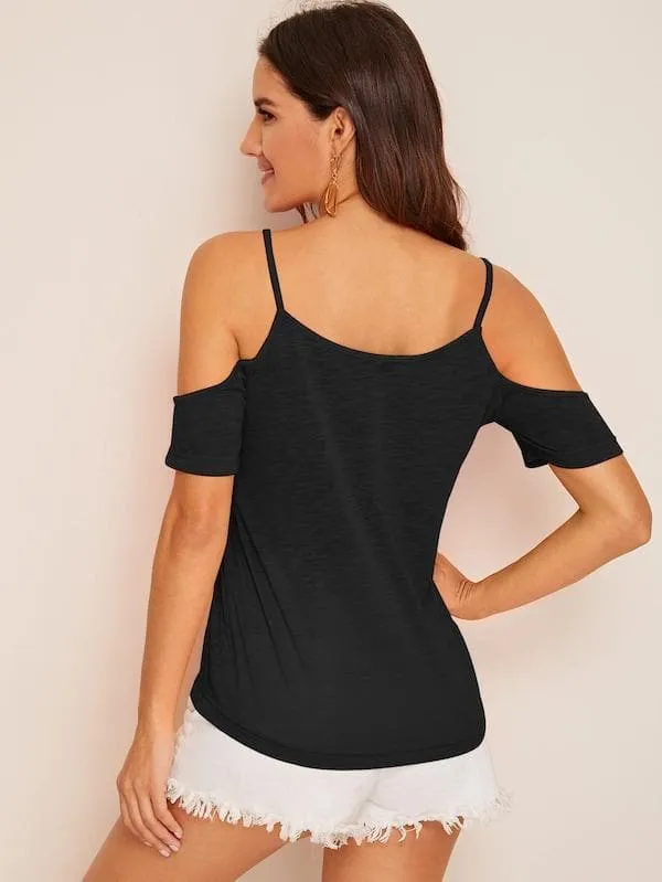 Spaghetti Strap Solid Cold Shoulder Top