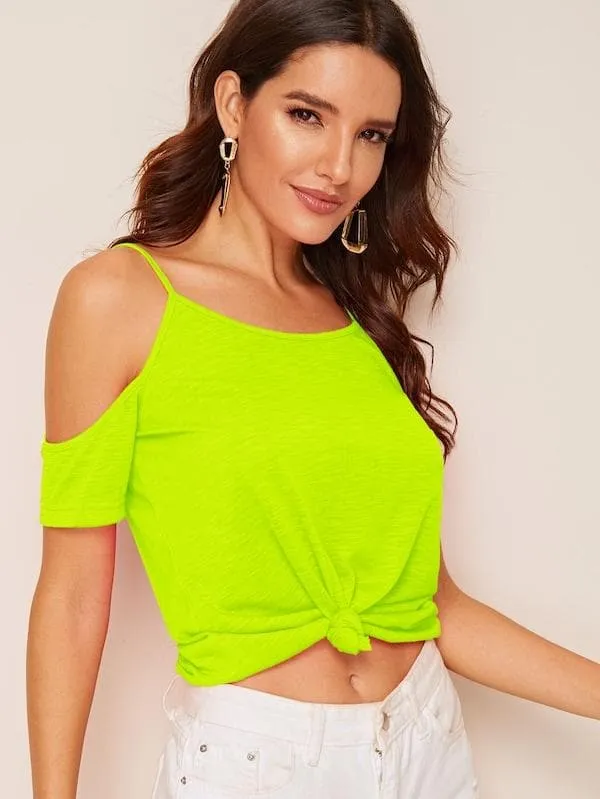 Spaghetti Strap Solid Cold Shoulder Top