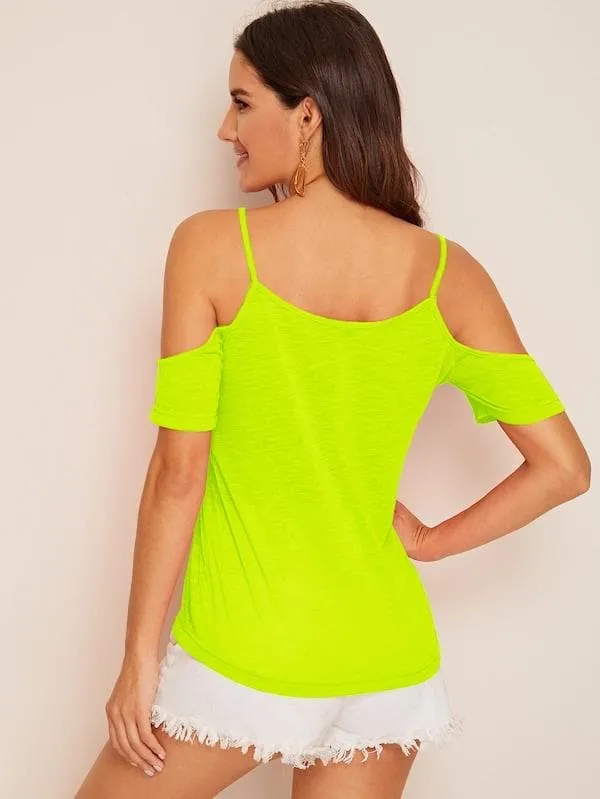 Spaghetti Strap Solid Cold Shoulder Top