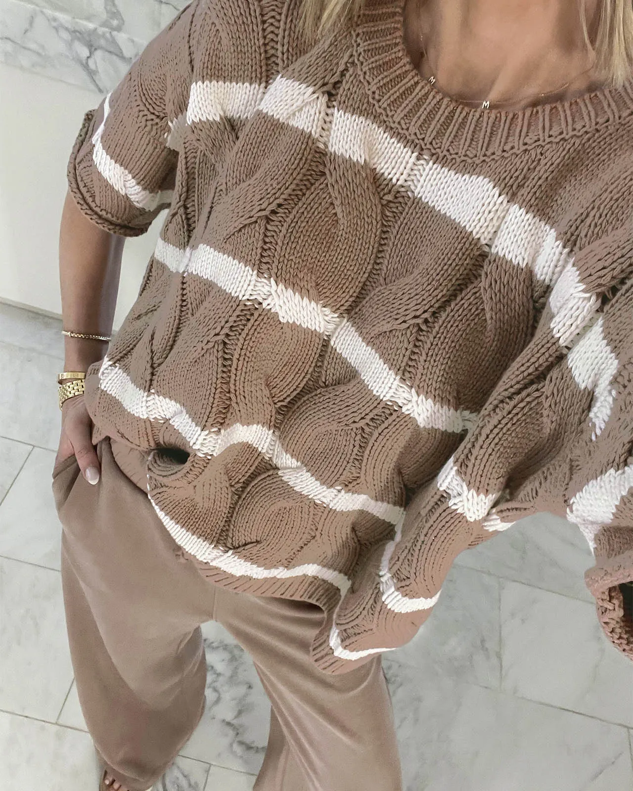 Splendid x @Cellajaneblog Stripe Cable Short Sleeve Sweater