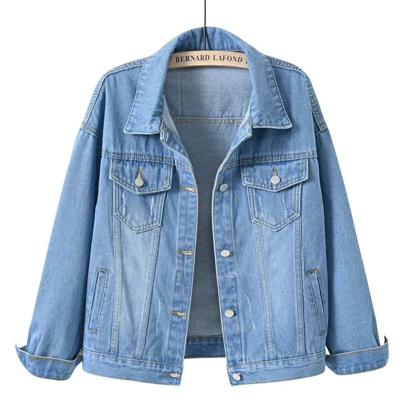 Spring Jean Denim Jacket with Packets & Turn-Down Collar