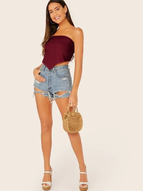 Strapless Sleeveless Solid Shirred Detail Asymmetrical Hem Tube Top