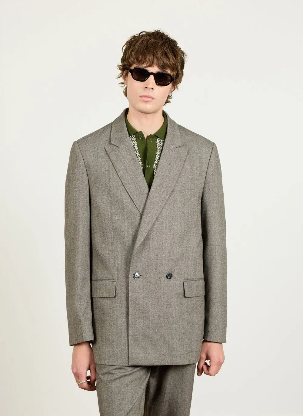 Tailored Double Breasted Blazer | Herringbone | Grey