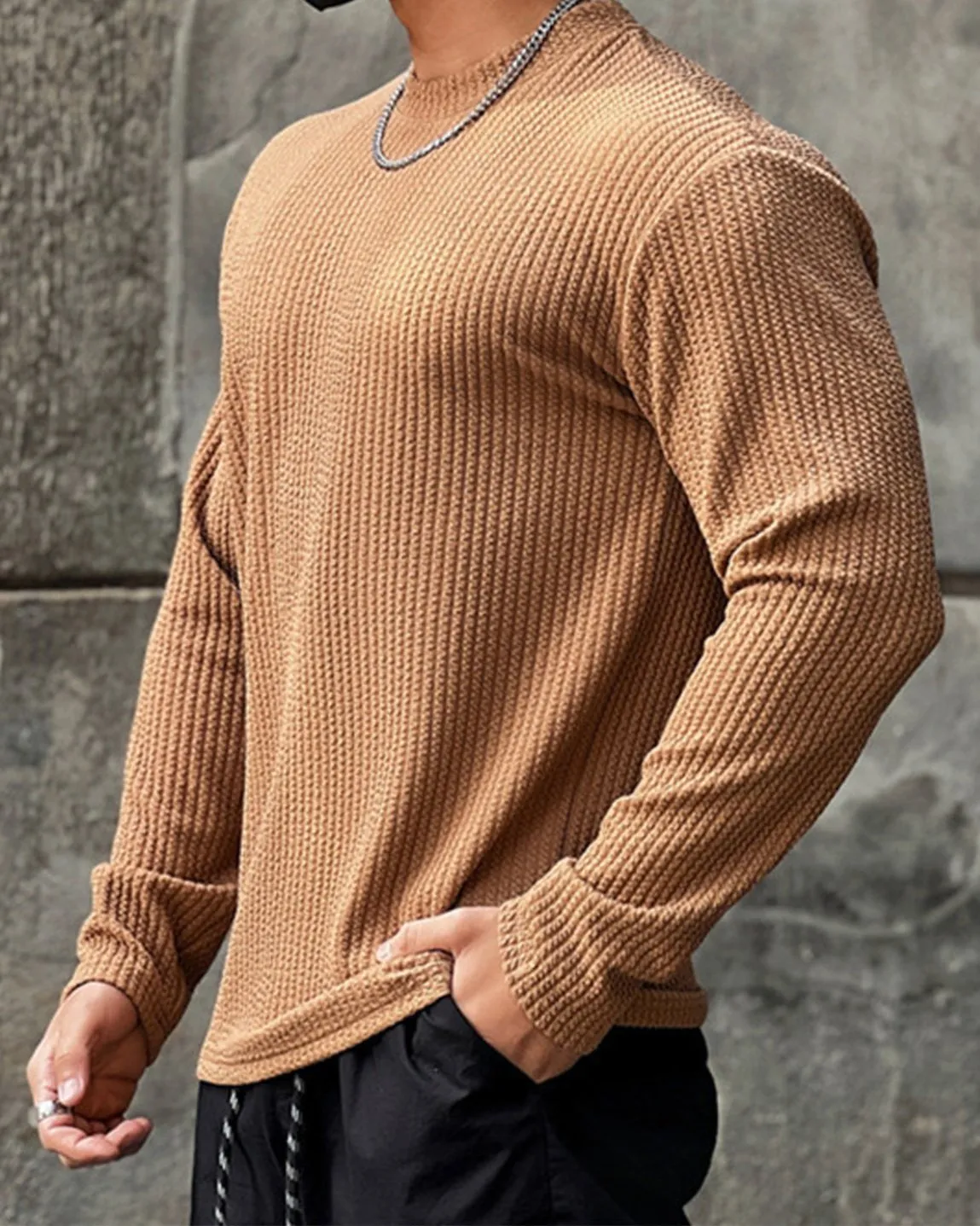 Texture Grid Crewneck Pullover Long Sleeve Shirt New