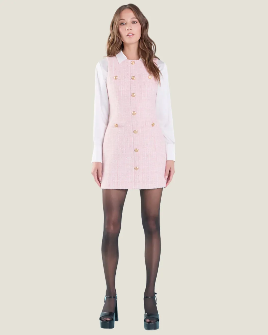 The Belle: Buttoned Pink Tweed Mini Dress