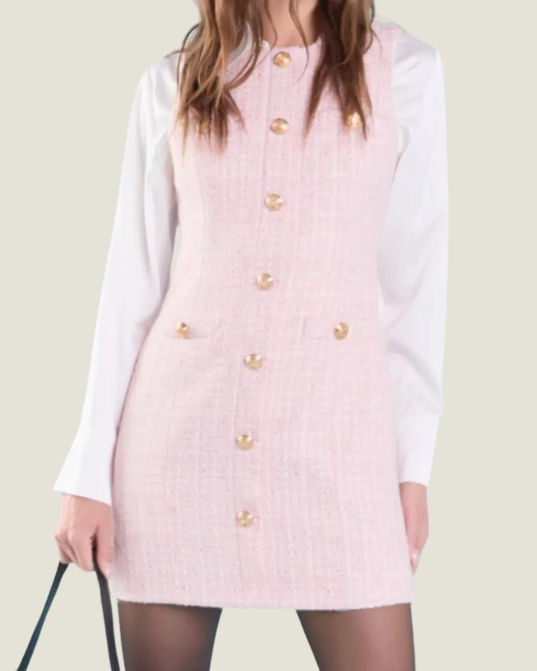 The Belle: Buttoned Pink Tweed Mini Dress