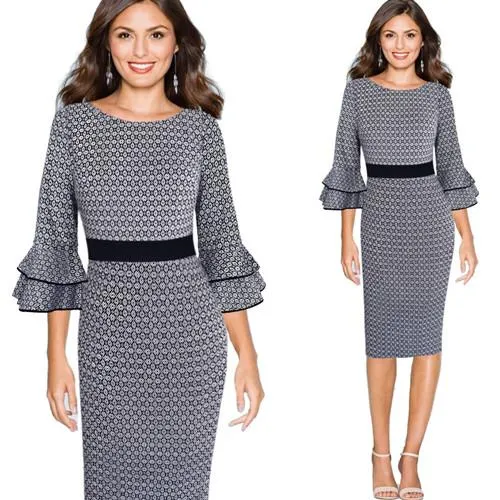 Vfemage Women Autumn Elegant Flare Bell 3/4 Sleeve Vintage Wear To Work Office Business Cocktail Party Bodycon Pencil Dress 8155