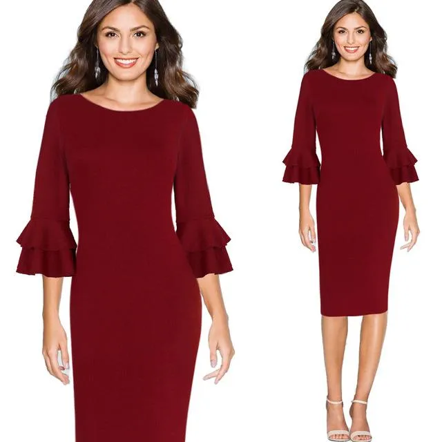 Vfemage Women Autumn Elegant Flare Bell 3/4 Sleeve Vintage Wear To Work Office Business Cocktail Party Bodycon Pencil Dress 8155