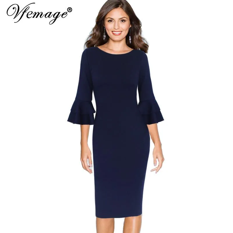 Vfemage Women Autumn Elegant Flare Bell 3/4 Sleeve Vintage Wear To Work Office Business Cocktail Party Bodycon Pencil Dress 8155