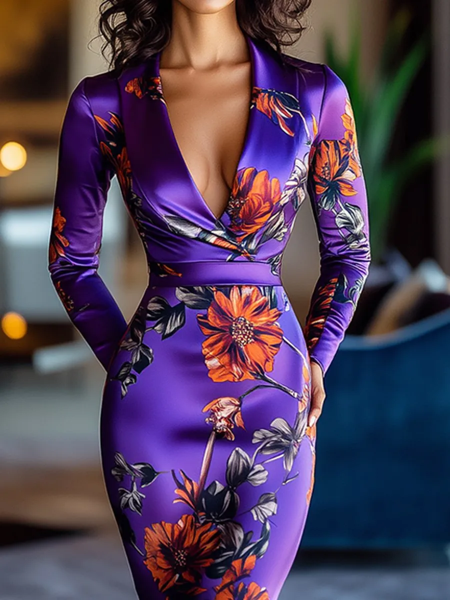 Vibrant Floral Satin Wrap Dress in Purple