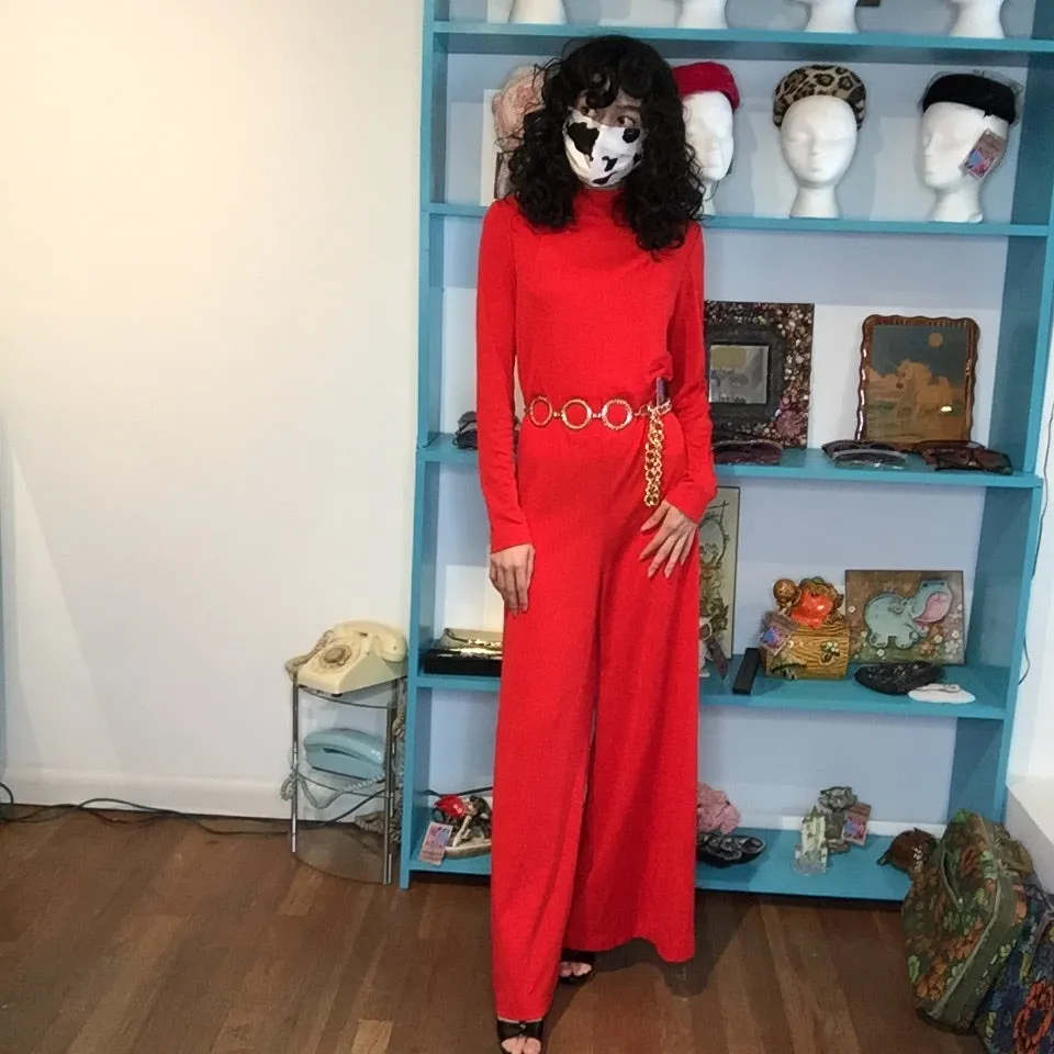 Vintage 1970s | Red Groovy Mod Disco Wide Leg Bellbottoms Jumpsuit | S