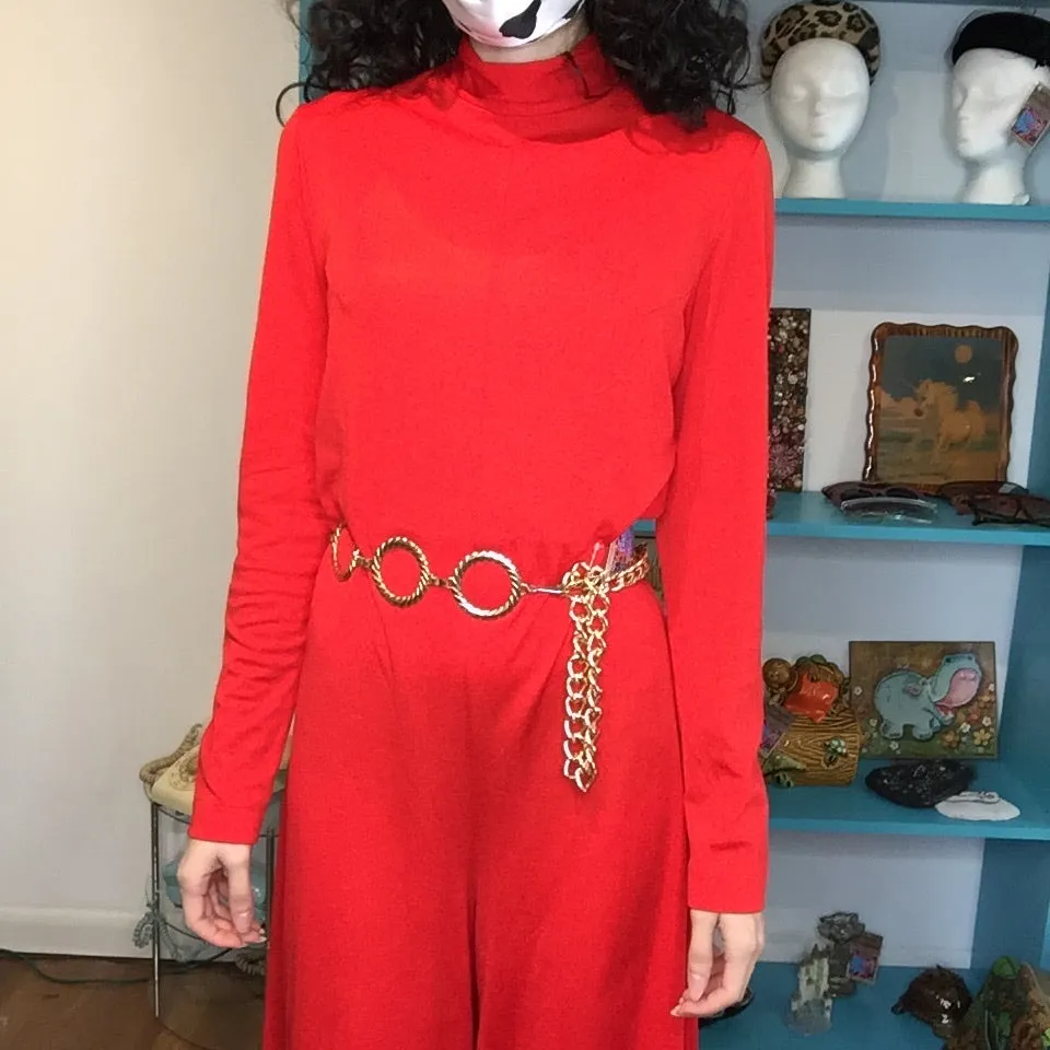 Vintage 1970s | Red Groovy Mod Disco Wide Leg Bellbottoms Jumpsuit | S