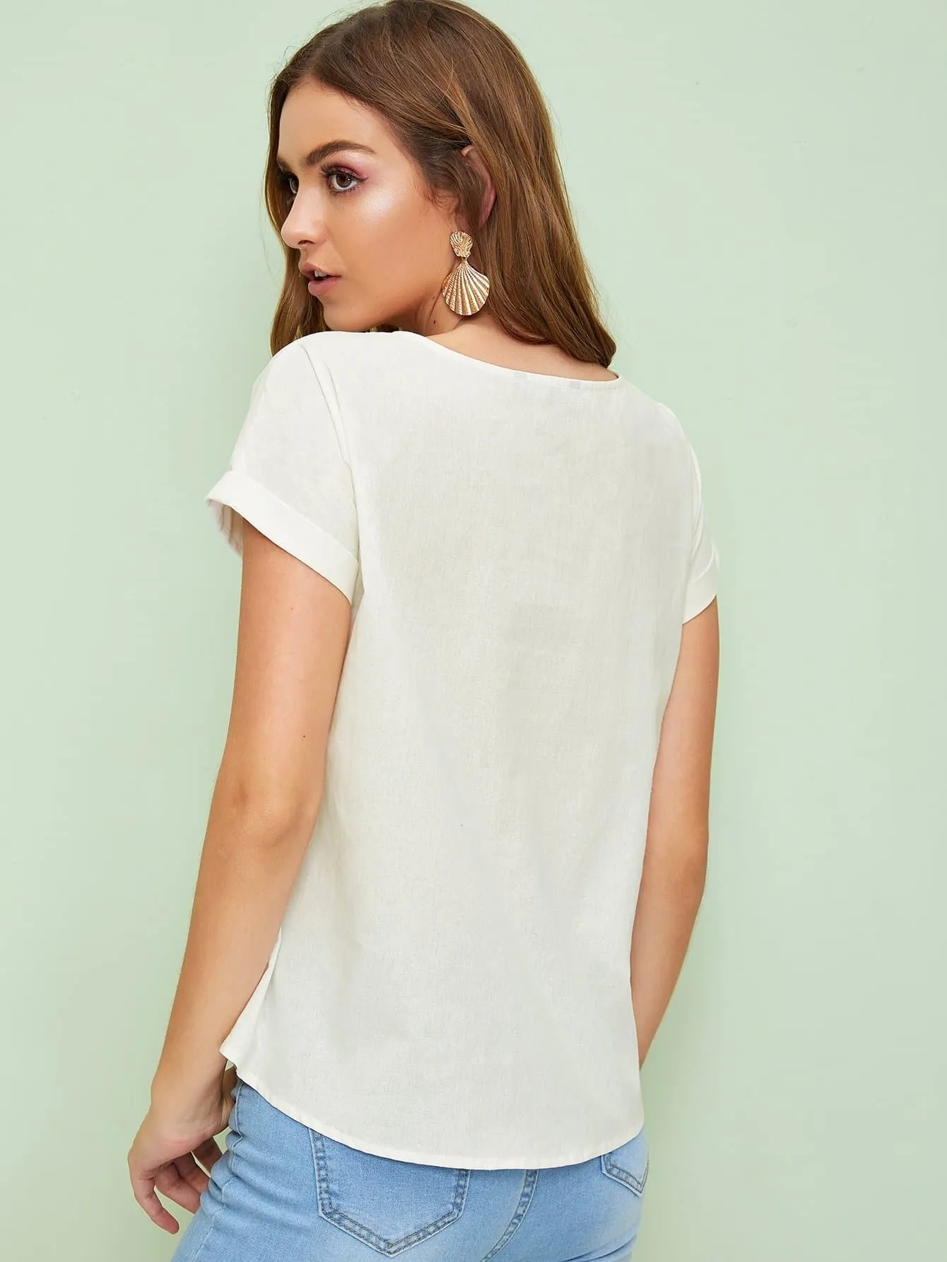 White Round Neck Rolled Cuff Button Detail Top