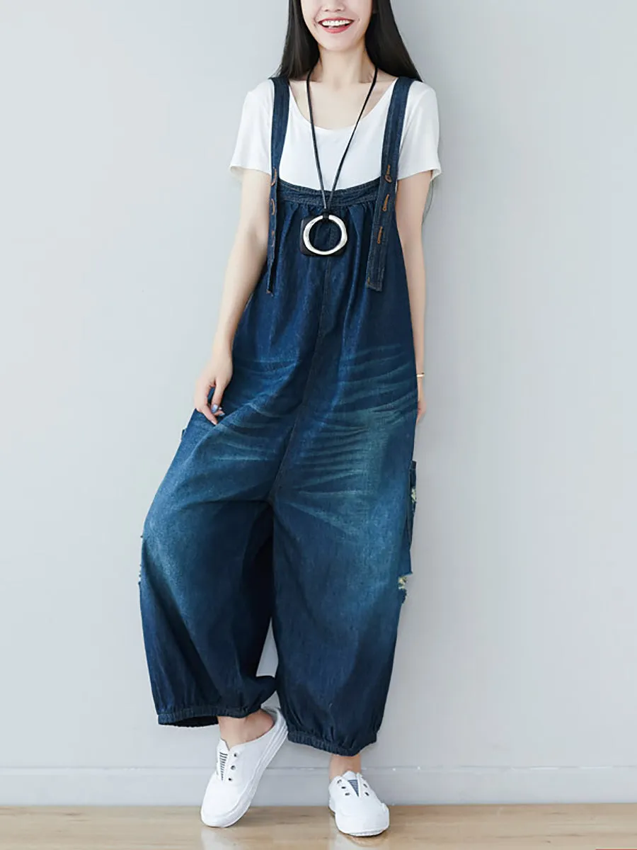 Women Summer  Retro Frayed Washed Denim Jumpsuits FG1034