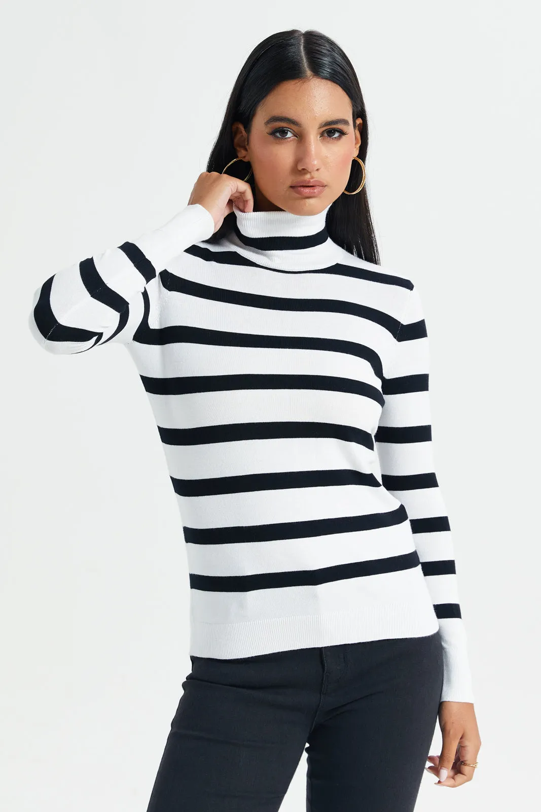 Women White With Black Stripes Turtle Neck Pullover