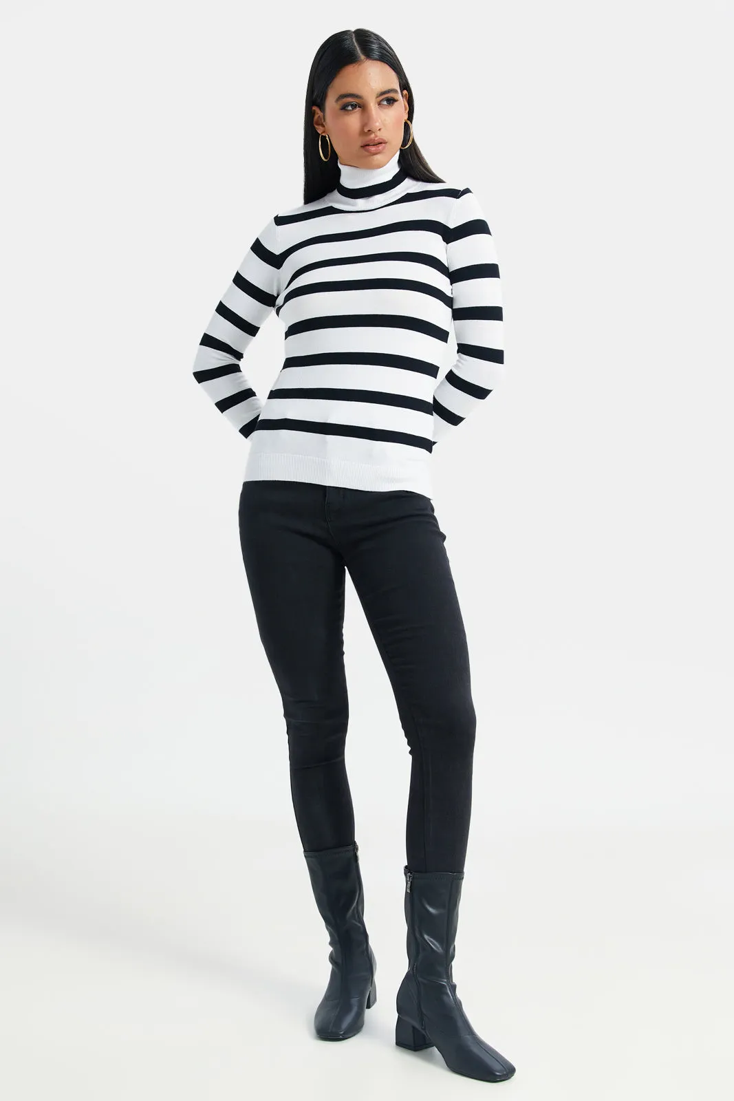 Women White With Black Stripes Turtle Neck Pullover