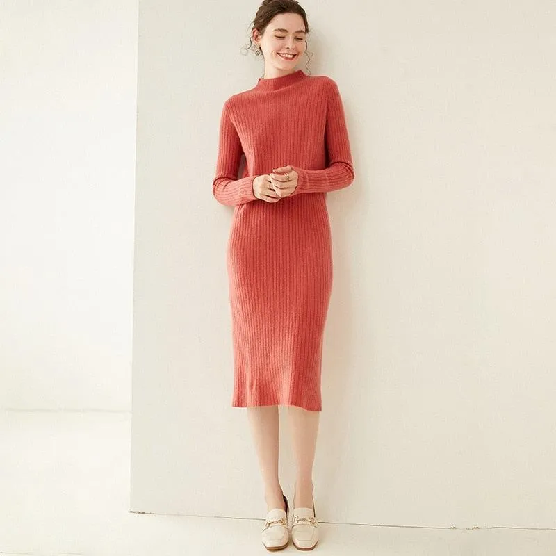 Women's Autumn and Winter New Fashion Long Pure Australian Wool Dress