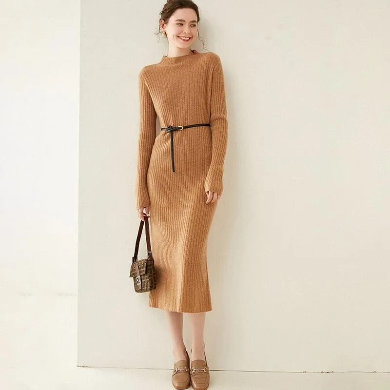 Women's Autumn and Winter New Fashion Long Pure Australian Wool Dress