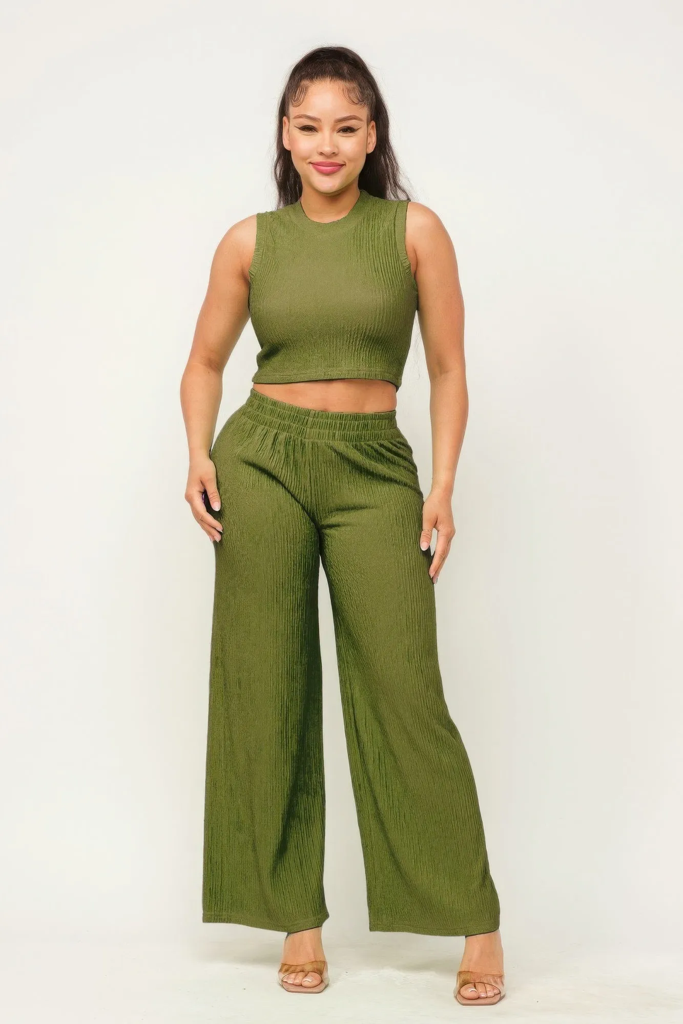 Women's Crop Top And Wide Pants Outfit Set