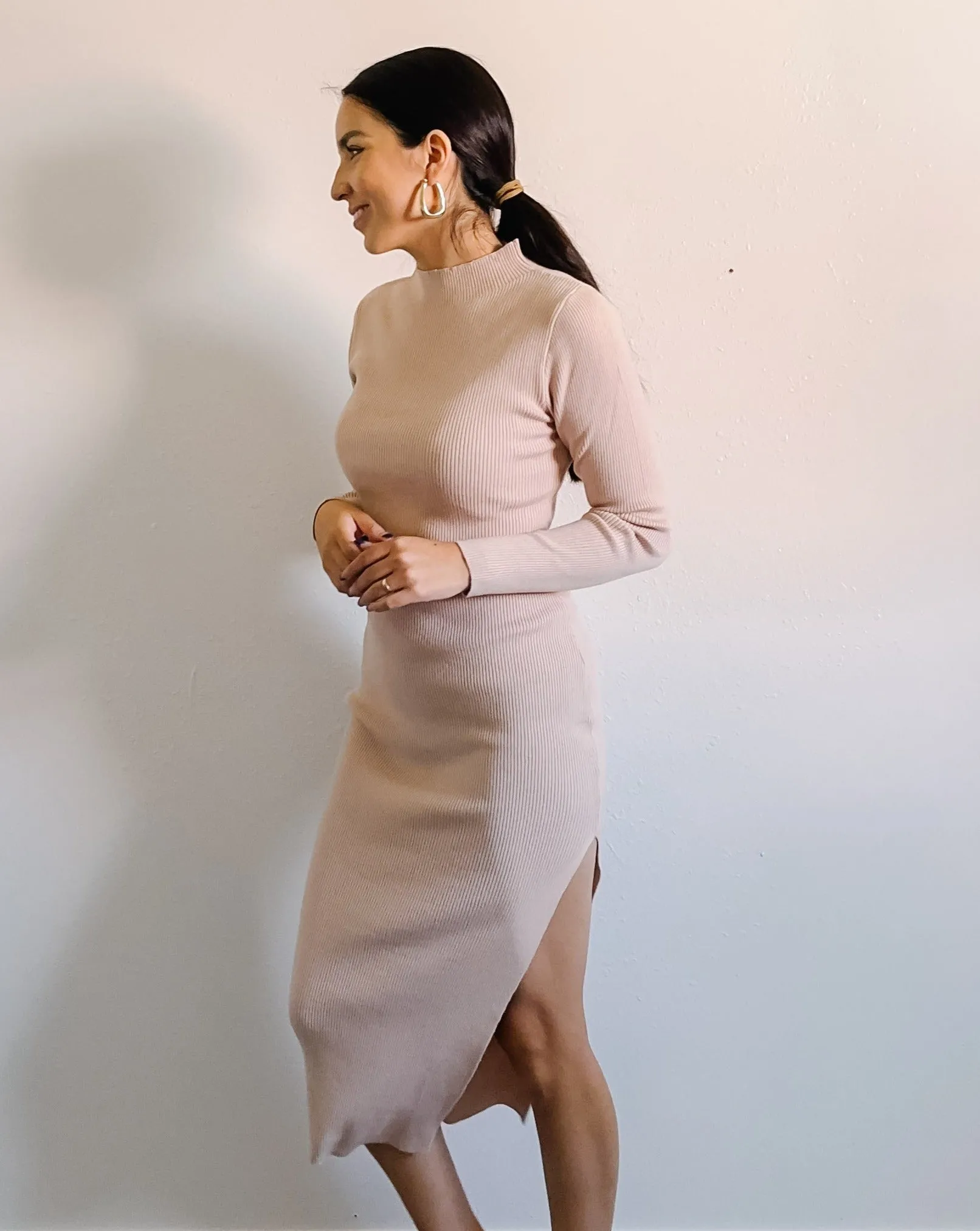 ZESICA Long Sleeve Mock Neck Ribbed Knit Slit Midi Dress